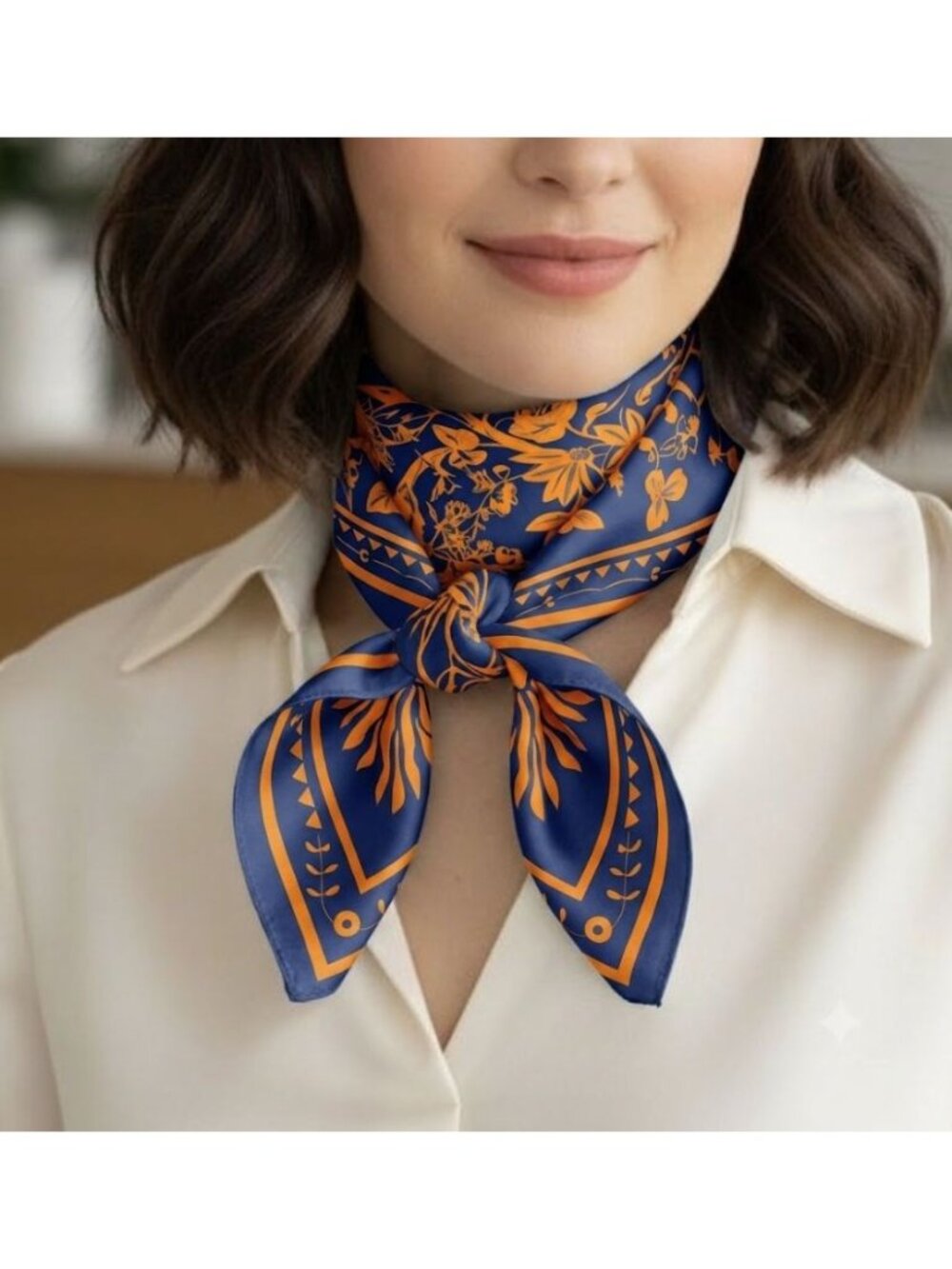 ⭐Luxury Floral Botanical Geometric Blue Orange Silky Soft Square Scarf Bandana
